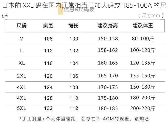 日本的 XXL 码在国内通常相当于加大码或 185-100A 的尺码