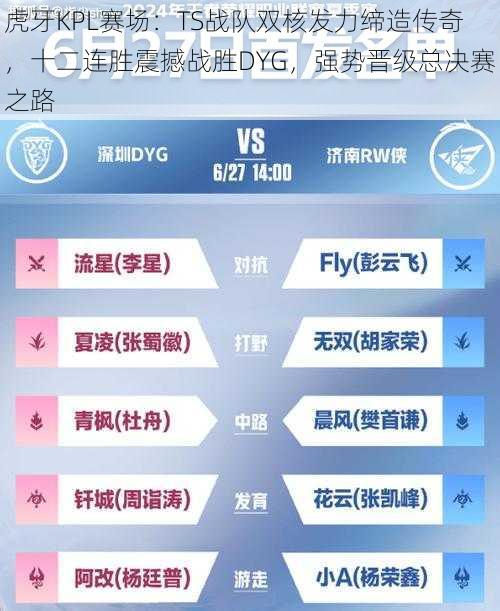 虎牙KPL赛场：TS战队双核发力缔造传奇，十二连胜震撼战胜DYG，强势晋级总决赛之路