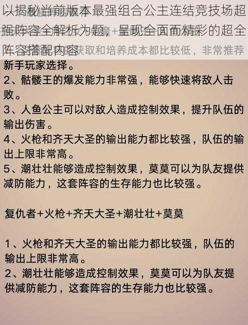 以揭秘当前版本最强组合公主连结竞技场超强阵容全解析为题，呈现全面而精彩的超全阵容搭配内容