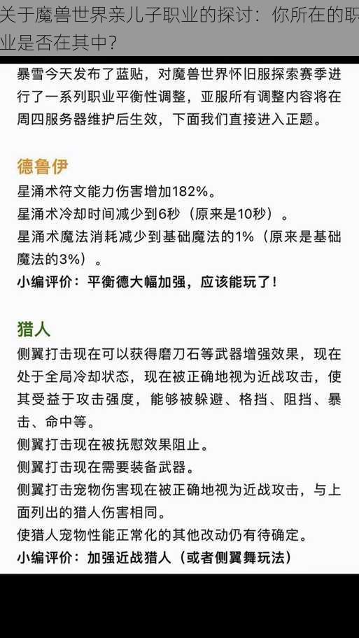 关于魔兽世界亲儿子职业的探讨：你所在的职业是否在其中？