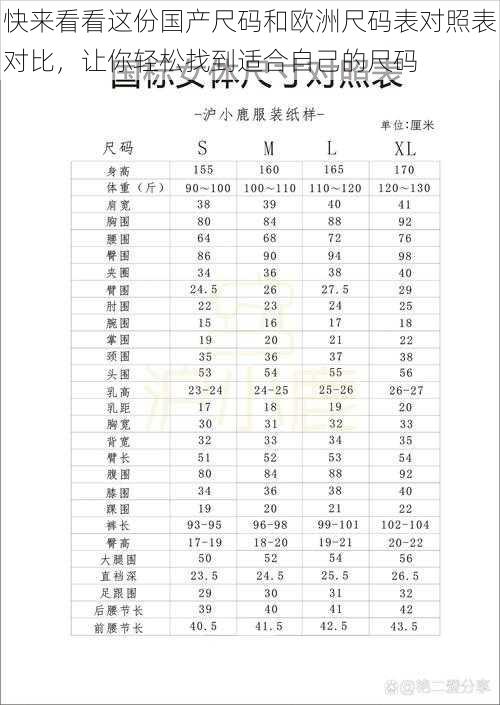 快来看看这份国产尺码和欧洲尺码表对照表对比，让你轻松找到适合自己的尺码