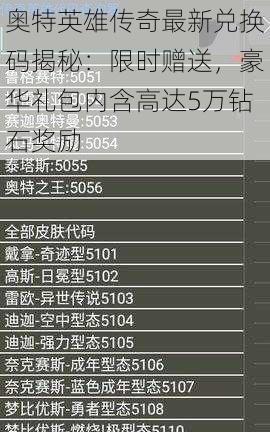 奥特英雄传奇最新兑换码揭秘：限时赠送，豪华礼包内含高达5万钻石奖励