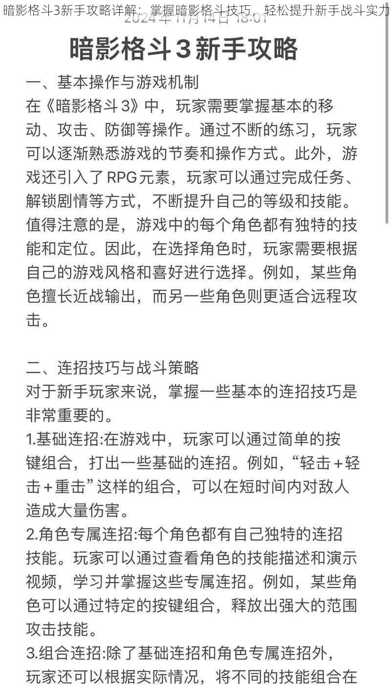 暗影格斗3新手攻略详解：掌握暗影格斗技巧，轻松提升新手战斗实力